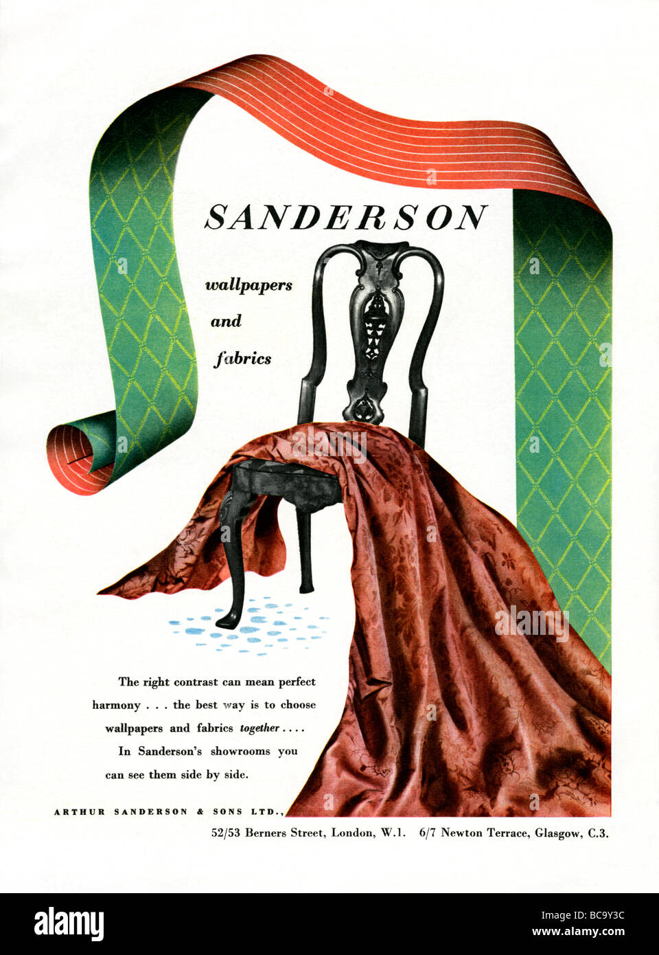 1951-Werbung für Sanderson Tapeten und Stoffe Stockfoto