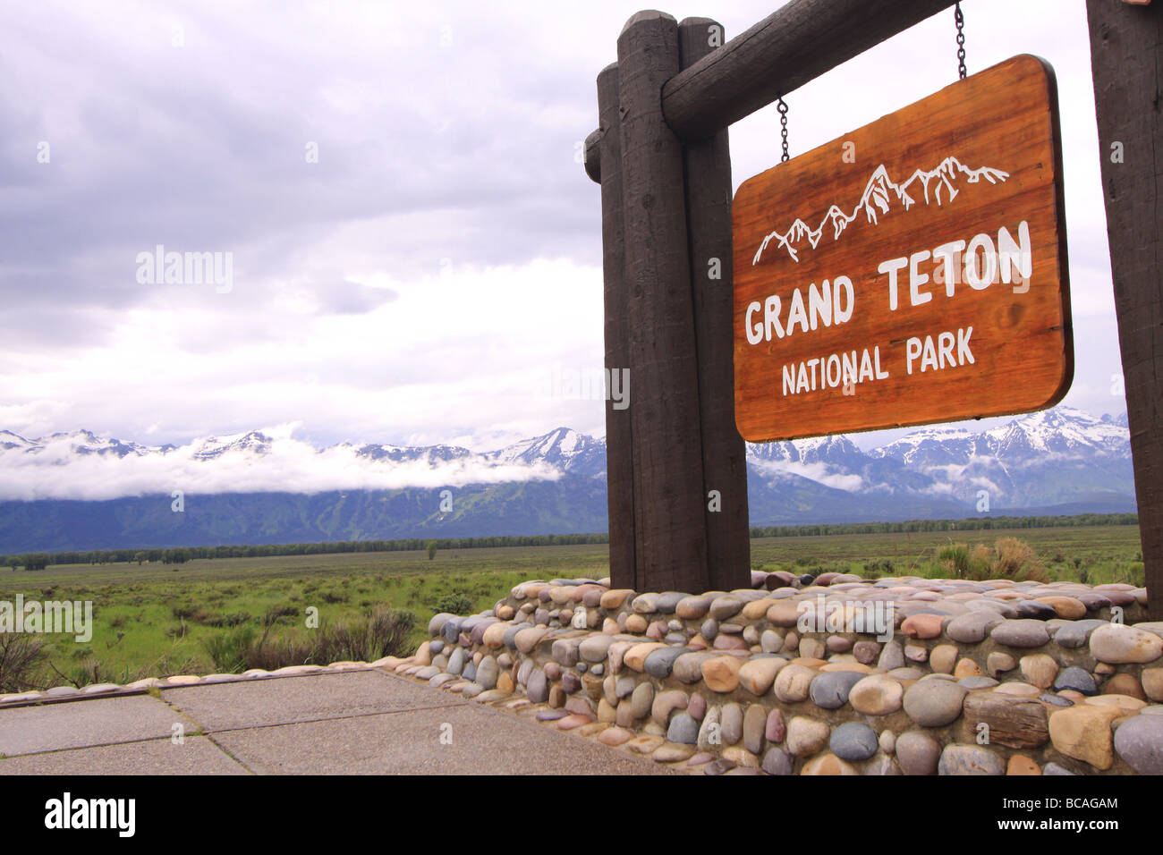 Eintrag Schild am Südende des Grand-Teton-Nationalpark, Wyoming Stockfoto