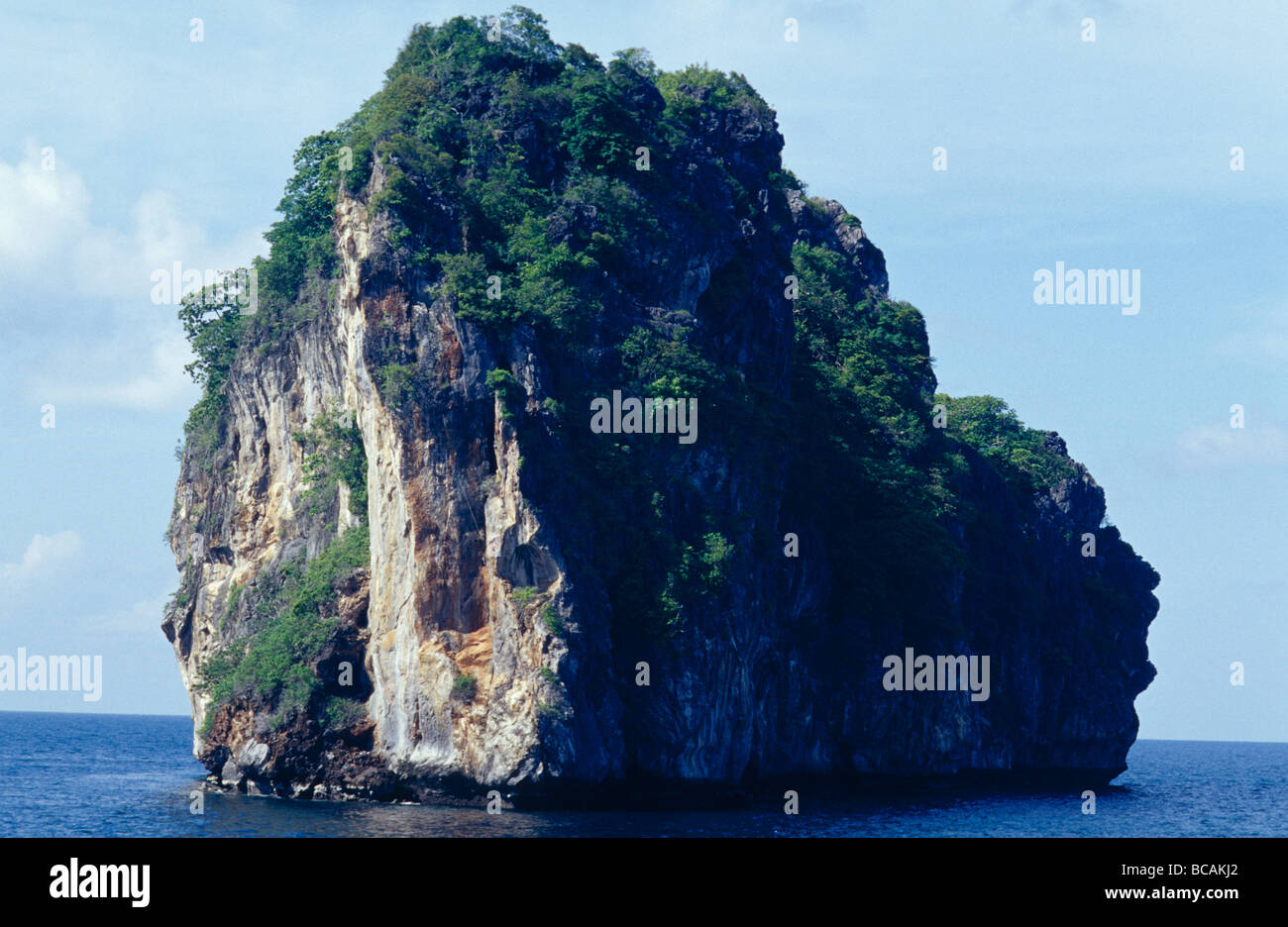Eine Kalkstein, die Insel im tropischen Regenwald bedeckt ergibt sich aus dem Meer. Stockfoto