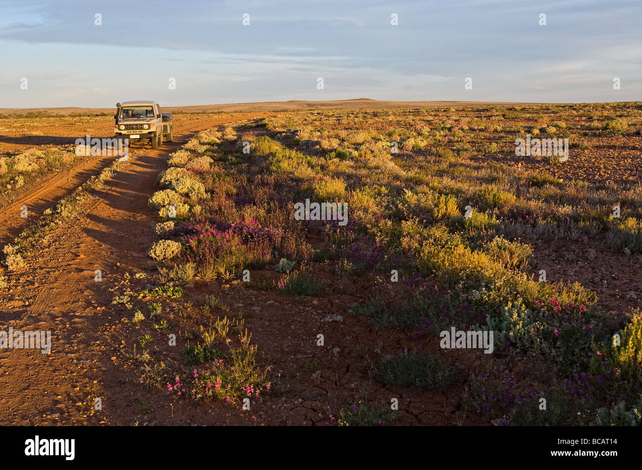 4 Rad Antrieb Fahrzeug mit Camping trailer Fahren durch semi-ariden Landschaft westlichen New South Wales. Stockfoto