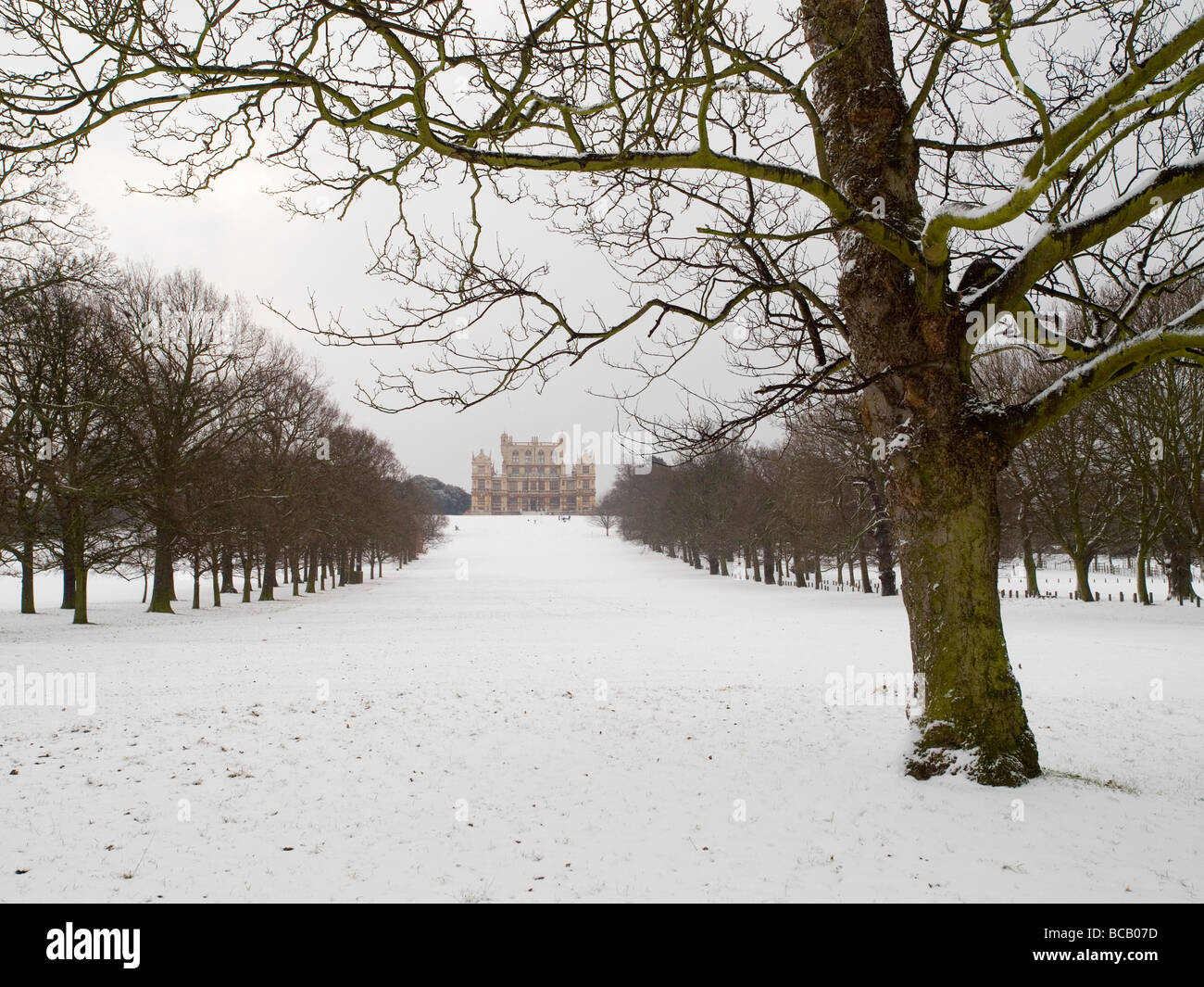 Wollaton Hall im Schnee, Nottingham Nottinghamshire England UK Stockfoto