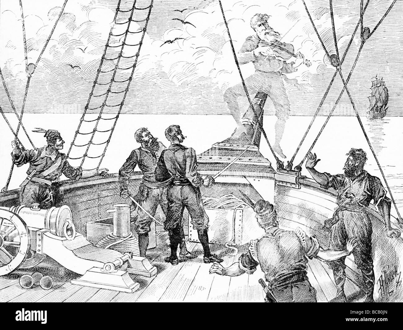Ein geisterhaftes Fiedler spielt auf dem Bug eines Schiffes – in der Seemann-Lore, eine unheilvolle Vorahnung des Schicksals. Stockfoto
