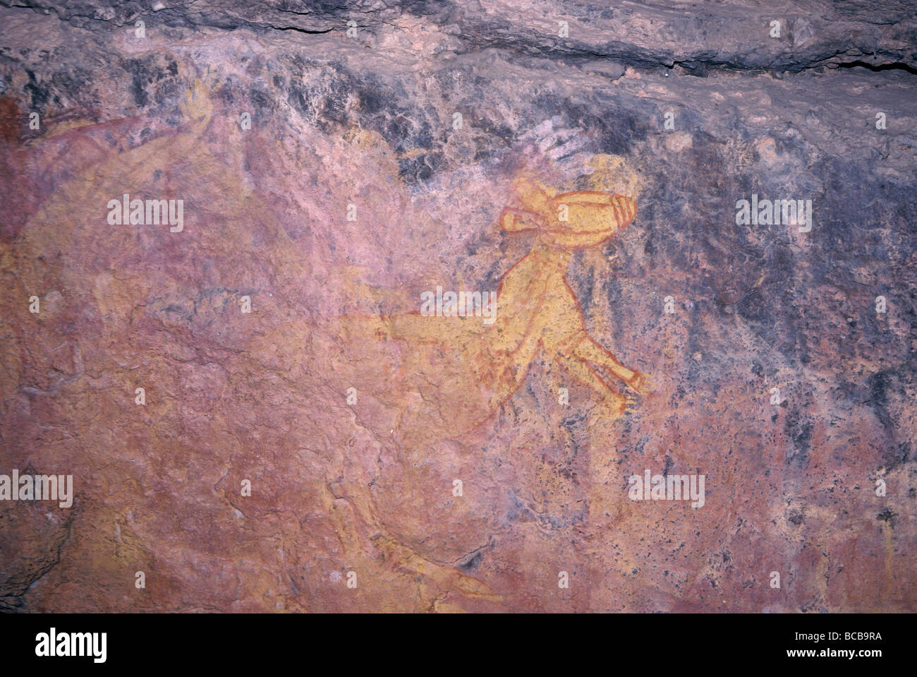 Am alten Aborigine Felsmalereien Gemälden von Wallaby und Känguru. Stockfoto