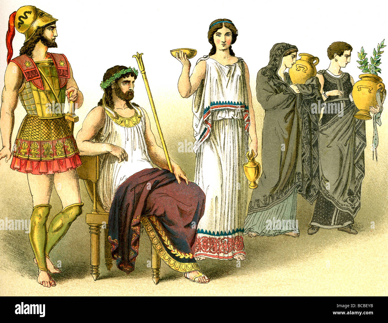 Die Zahlen stehen für Griechen: ein Krieger, ein König, eine Frau aus der Oberschicht, zwei Frauen in Trauer. Stockfoto