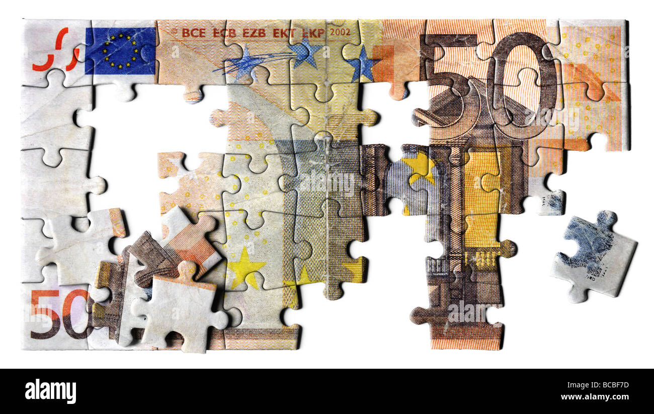 Fotografische Darstellung von MEESON ein Puzzle von einem 50 Euro-Banknote Stockfoto