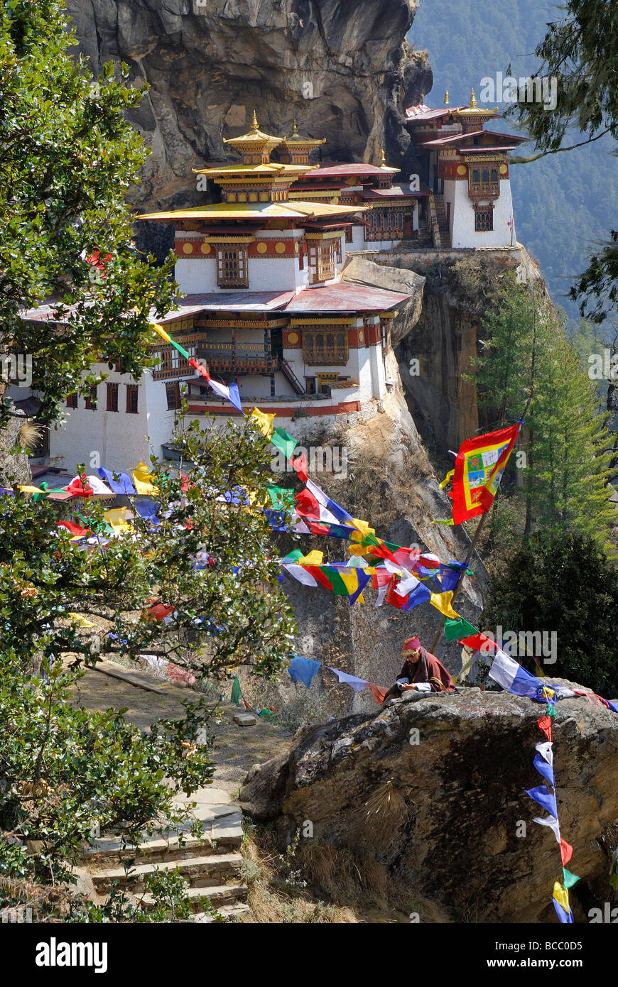 Bhutan, Paro Bezirk, Taktshang, Tiger Nest, Kloster von einer Klippe gehängt, Stockfoto