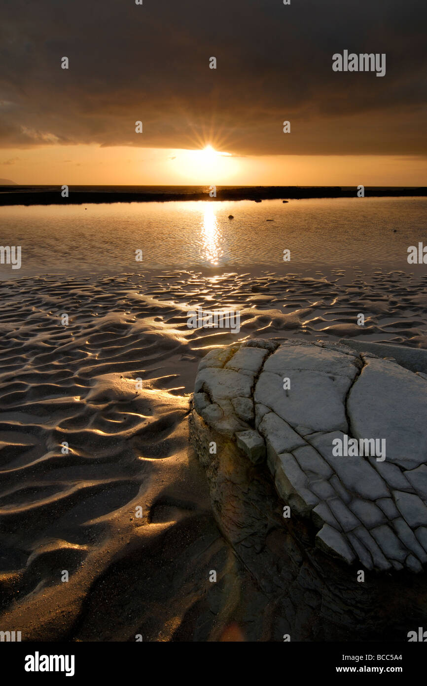 Eine gestrandete Kalkstein Pflaster am Kilve Strand Somerset Stockfoto