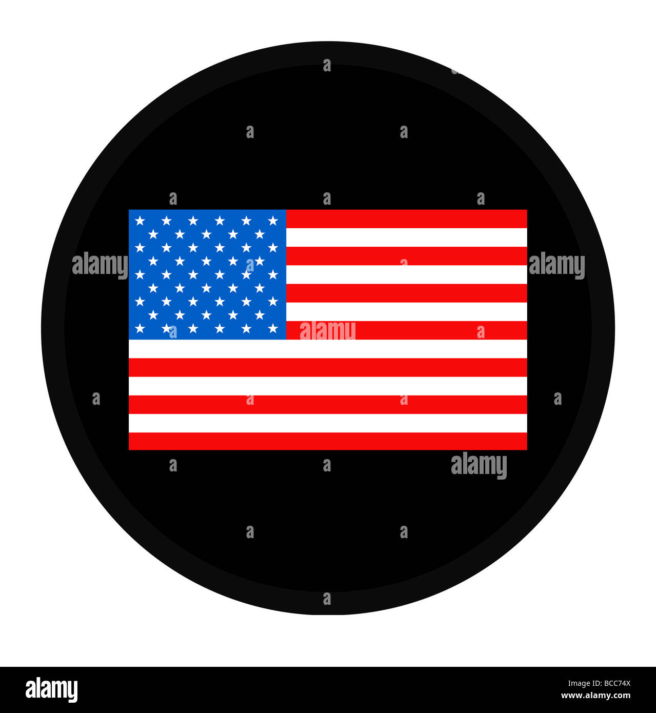 Amerikanische Sternenbanner Flagge am schwarzen Knopf isoliert auf weißem Hintergrund Stockfoto