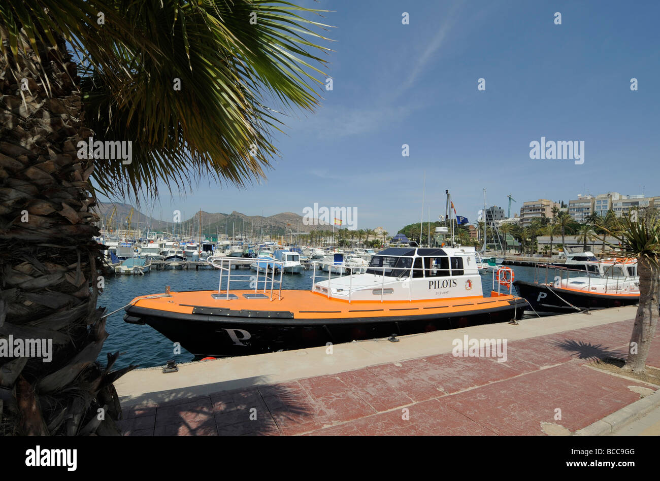 Pilot Boote vertäut im Hafen von Cartagena, Costa Calida, Spanien Stockfoto
