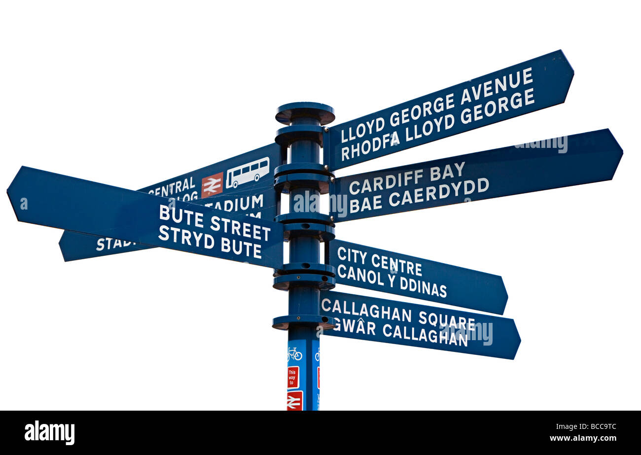 Zweisprachige walisischen englische Informationen Wegweiser Cardiff Wales UK Stockfoto