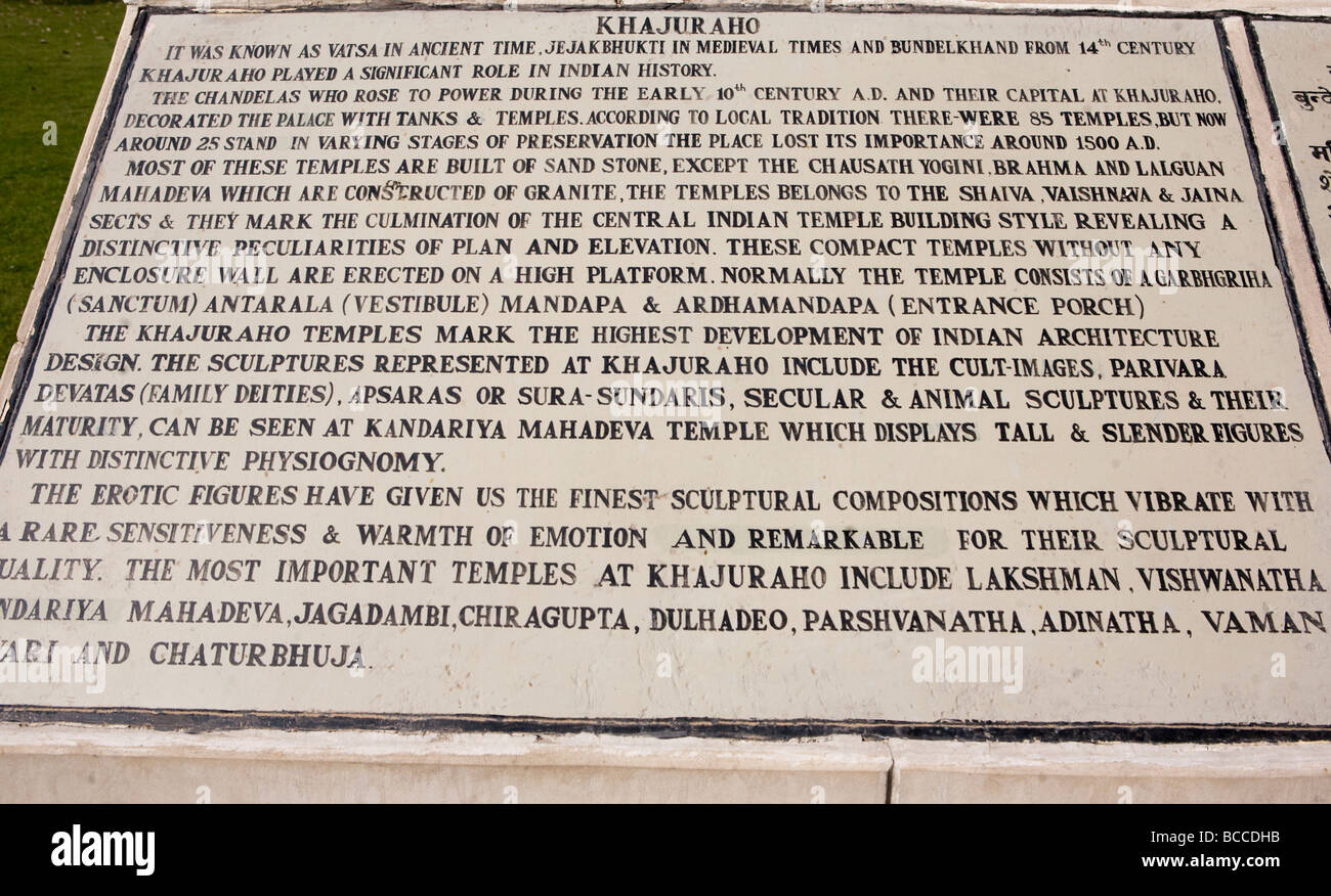 Geschichte der antiken Stätte von Khajuraho nördlichen Madhya Pradesh Indien geschrieben Stockfoto
