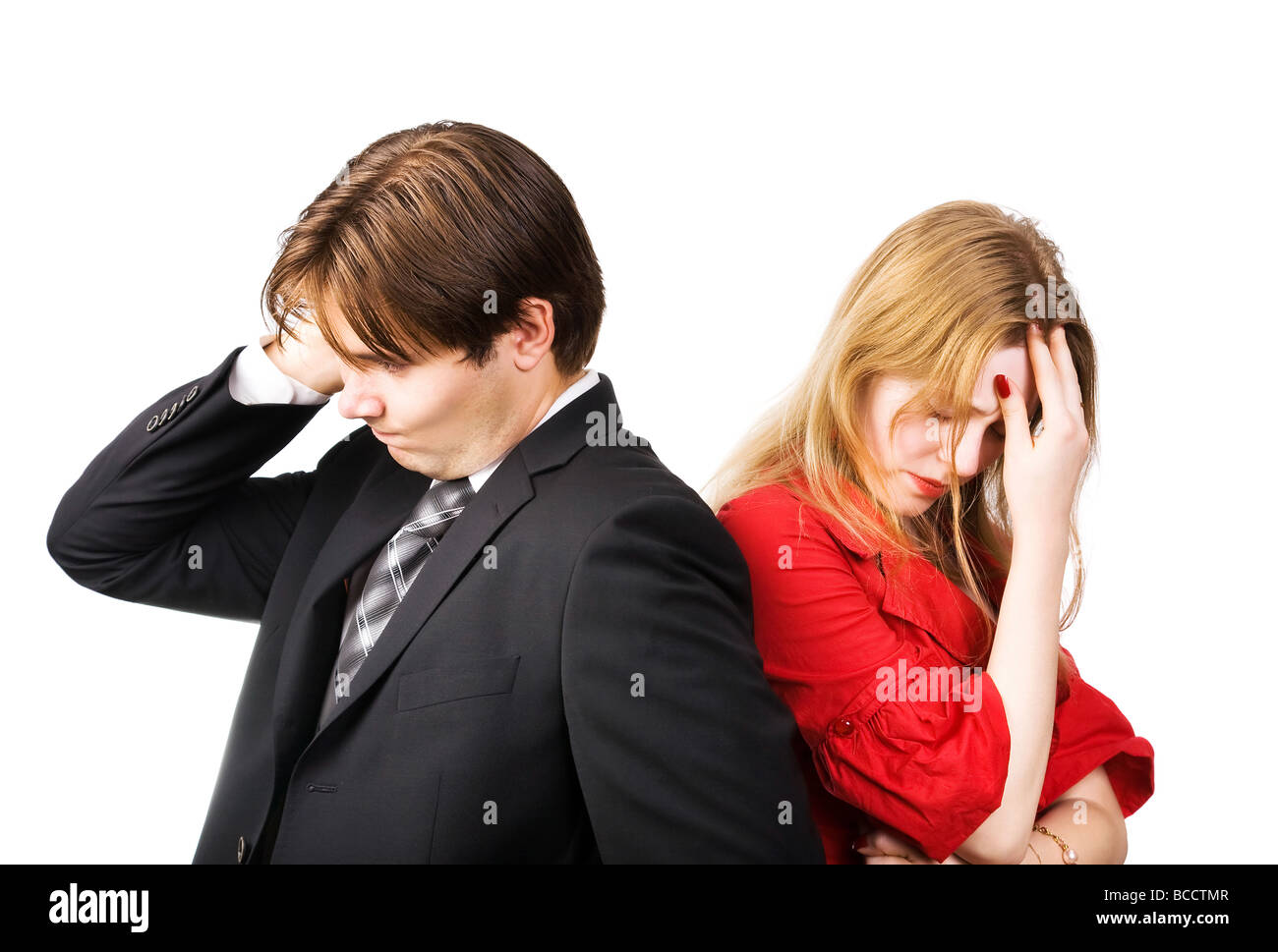 Mann und Frau Konflikt isoliert auf weiß Stockfoto