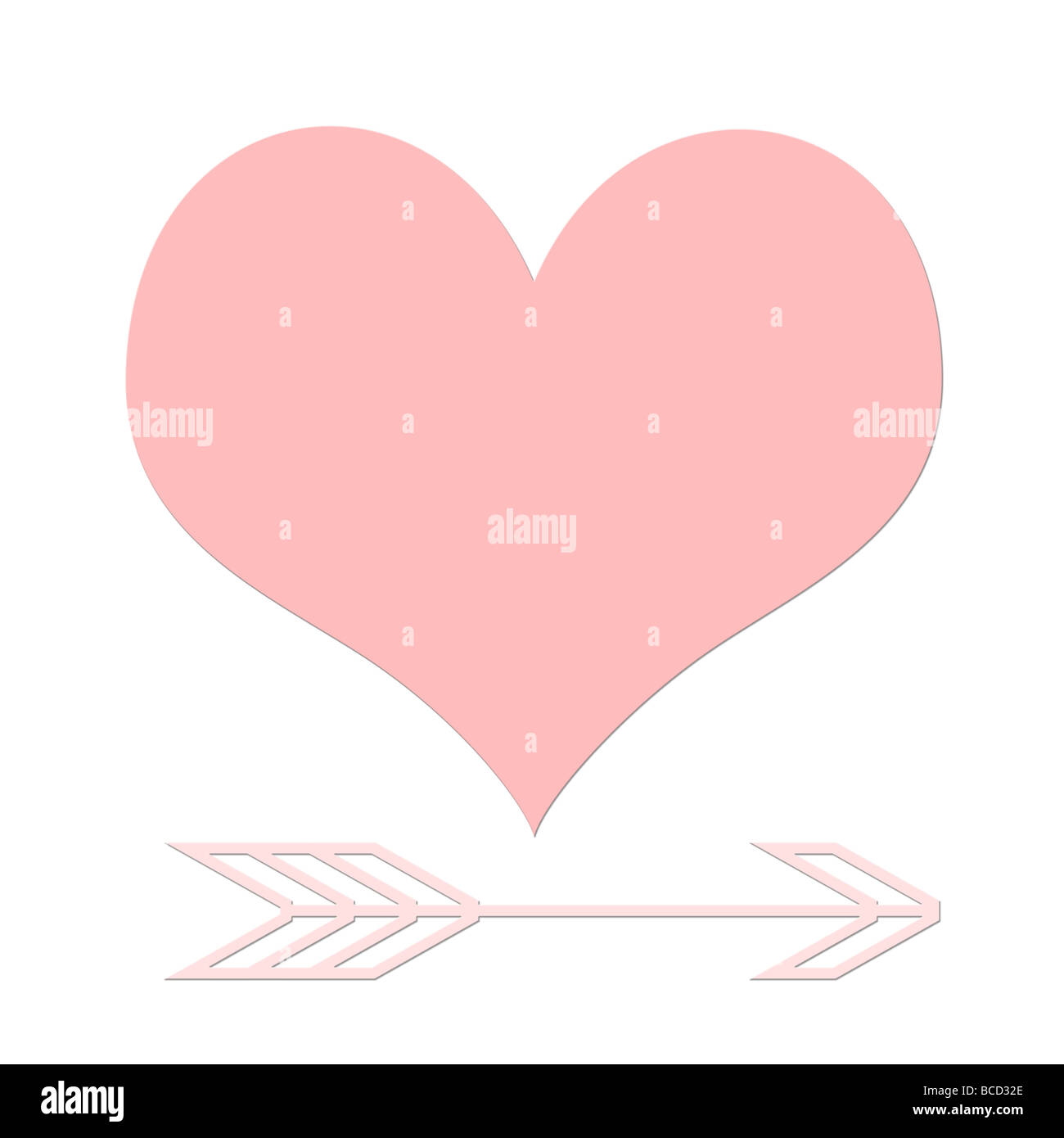 Rosa Liebe Herz und Amors Pfeil isoliert auf weißem Hintergrund Stockfoto
