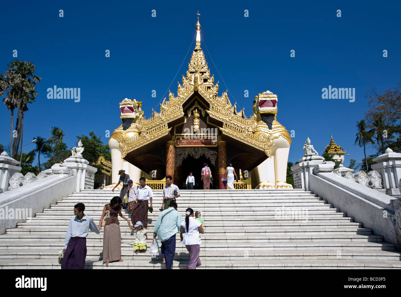 Shwedagon Pagode. Südportal mit 2 Wächter Chinthe Statuen (halb Löwe, halb Drache). Yangon. Myanmar Stockfoto