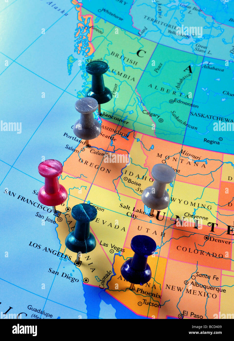 Karte-Pins im westlichen Vereinigte Staaten & Kanada Stockfoto