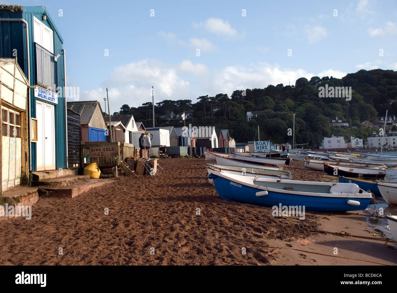 Back-Beach in Teignmouth, South Devon, Anker, Verankerung, Herbst, Bay, Boote, Küste, Devon, dock, am Hafen, Ebbe, England, Fisch, fis Stockfoto