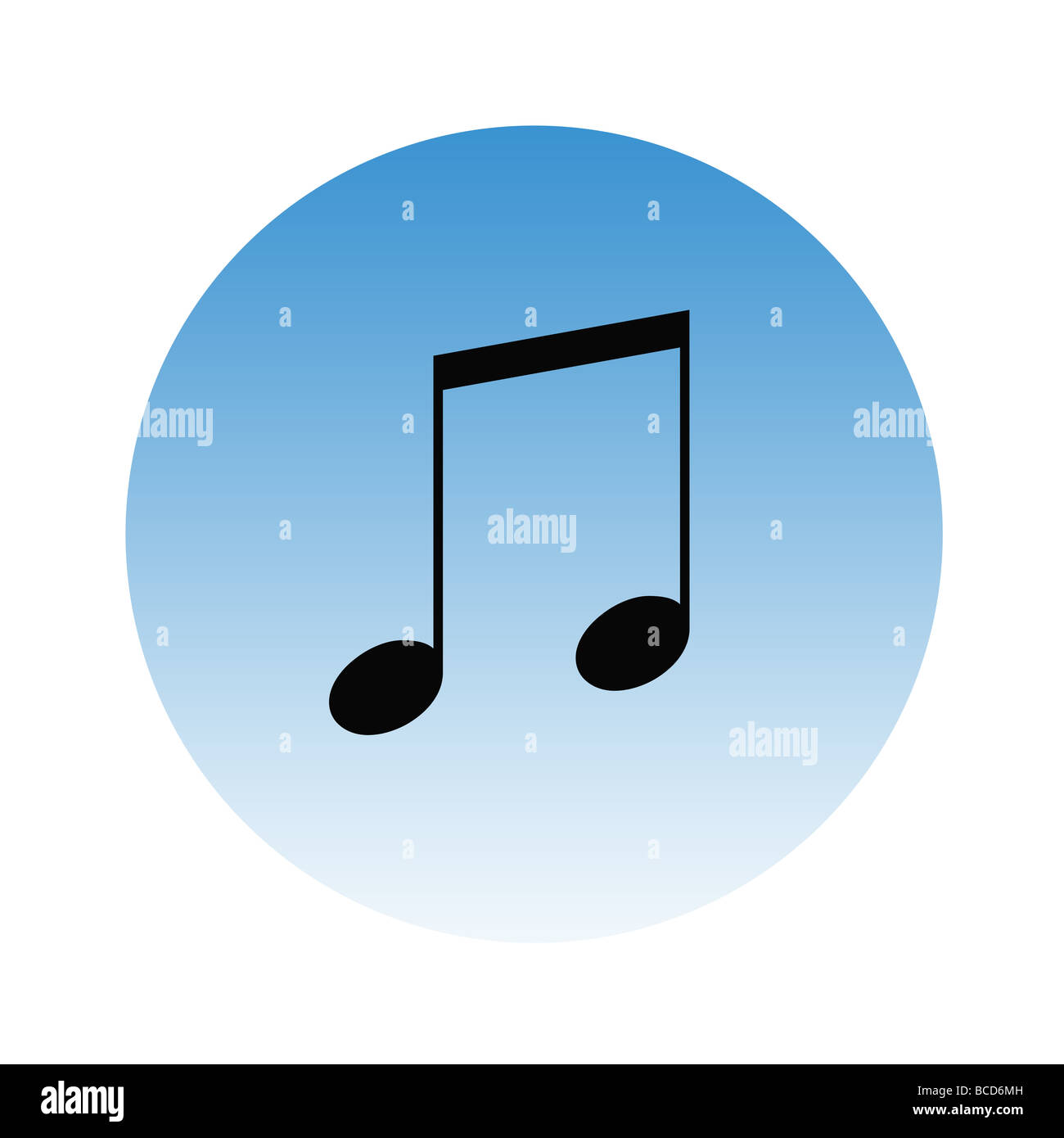 Noten auf abgestuften blauen Gradienten Button isoliert auf weißem Hintergrund Stockfoto