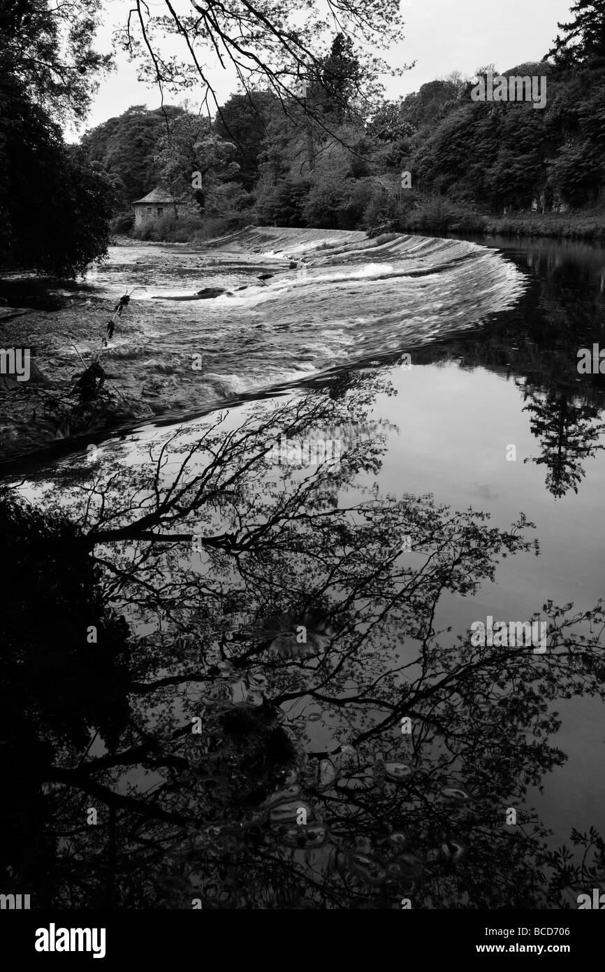Fluß Ayr, Wehr von Sorn, Ayrshire (schwarz-weiß &) Stockfoto