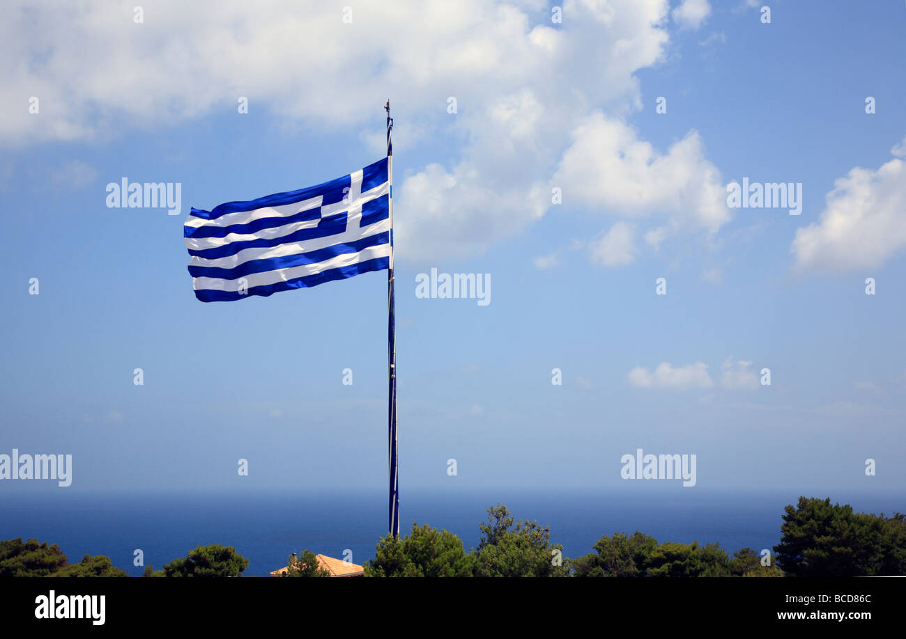 Griechische National Flag Ionain Insel Zante Zakynthos Griechenland EU Europäische Union Europa Stockfoto