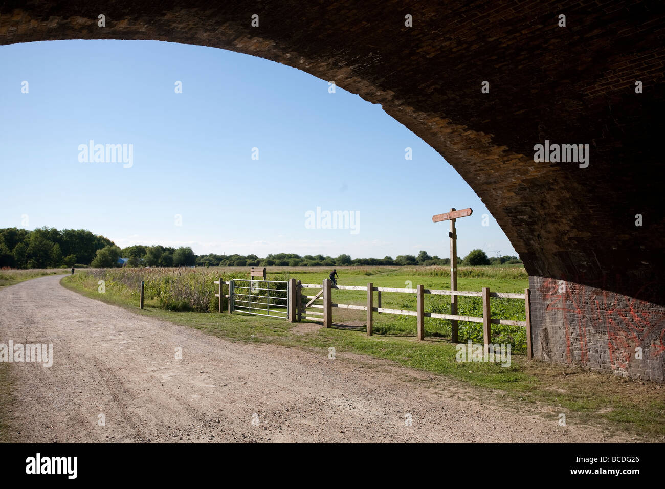 Eisenbahnbrücke. Walthamstow Marshes, Lee Valley Regional Park, London, England, Vereinigtes Königreich Stockfoto