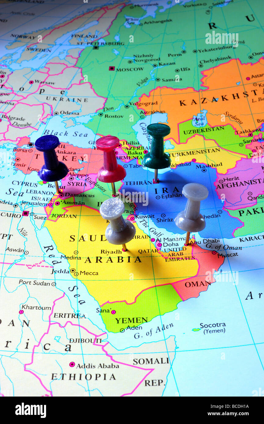 Karte-Pins im Nahen Osten Karte Stockfoto