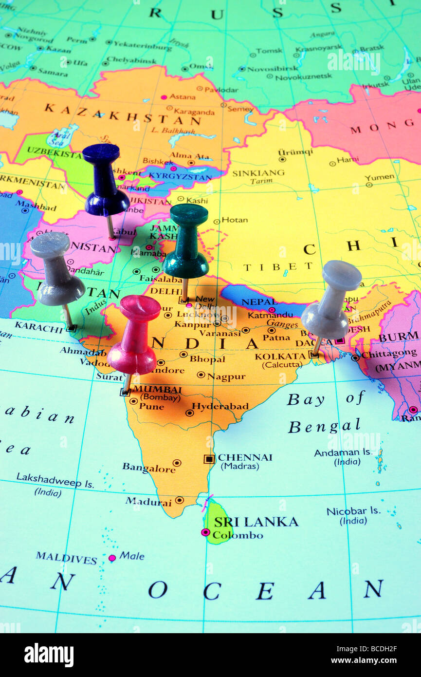 Karte-Pins im südlichen Asien Karte Stockfoto