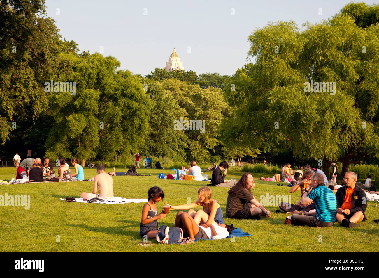 Menschen Picknicken auf Rasen am Central Park, New York City, USA Stockfoto