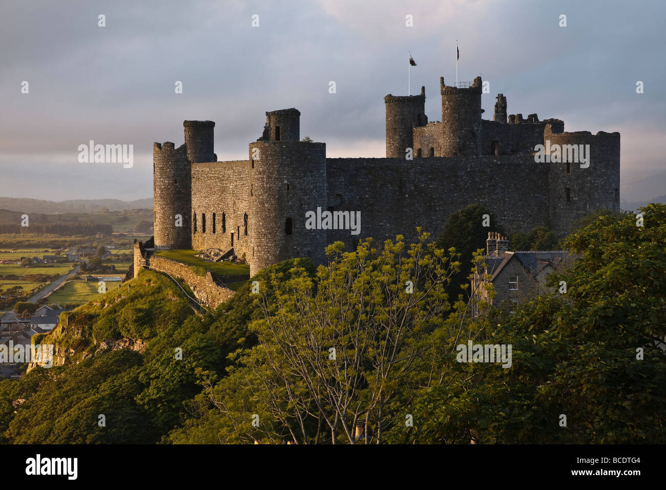Letzten Licht auf Harlech Castle, Snowdonia-Nationalpark, Wales Stockfoto