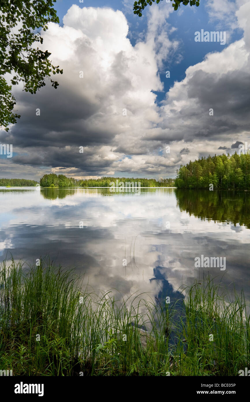 Blick über den See im Sommer in Finnland Stockfoto