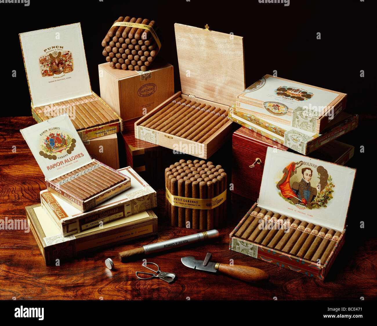 gehobene Sammlung von Zigarren in Zigarrenkisten Stockfoto