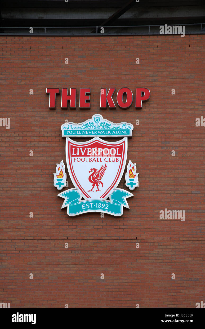 der Kop-Schild an der Anfield Road Fußball Stadion Heimat Liverpool fc Liverpool Merseyside England uk Stockfoto