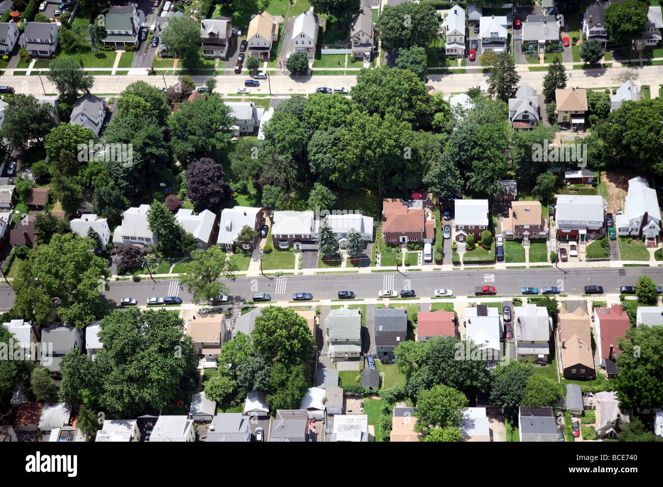 Luftaufnahme der Wohnstraße in Hanglage, Union County New Jersey USA Amerika Stockfoto