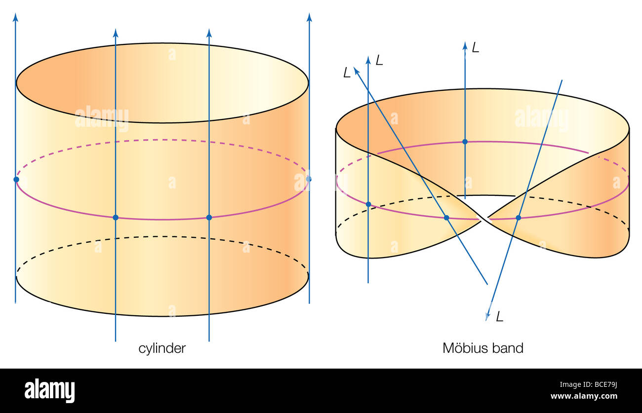 Im Anschluss an des Kreis um den Mobius nicht Band, die Linie L Wendungen und die Linien möglich, in die gleiche Richtung weisen. Stockfoto