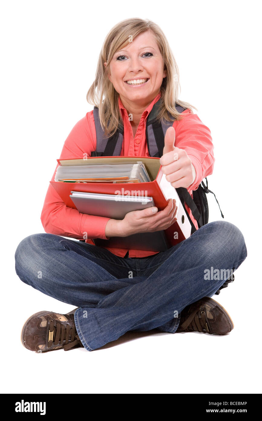 Frau, Student, isoliert, Tasche, Schule, Universität, Bücher Stockfoto