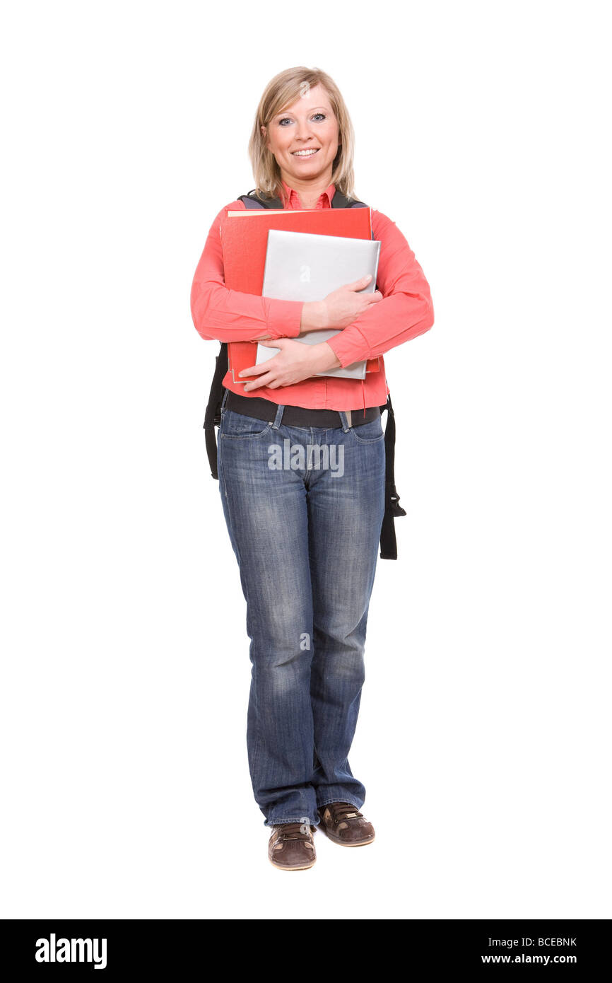 Frau, Student, isoliert, Tasche, Schule, Universität, Bücher Stockfoto