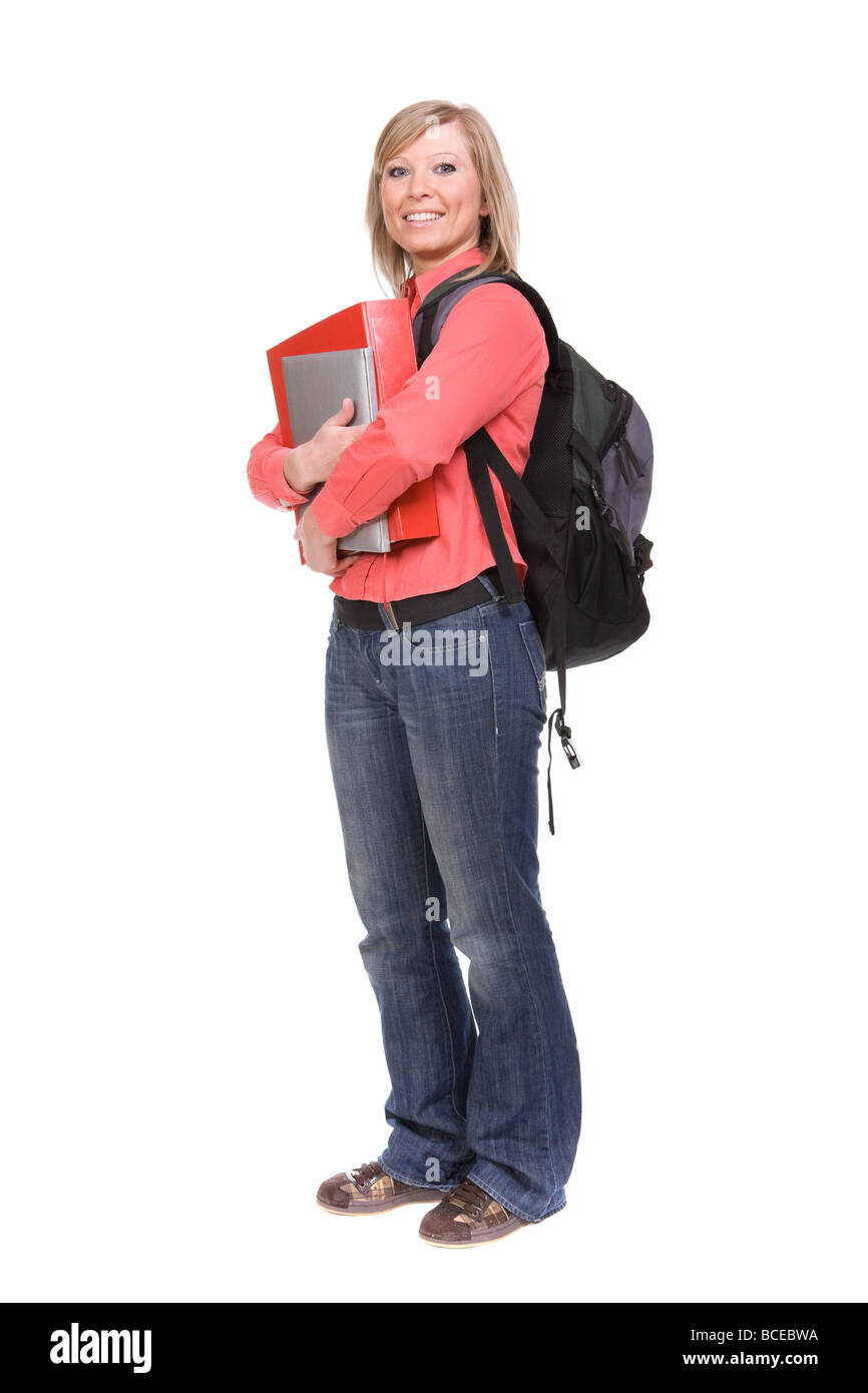 Frau, Student, isoliert, Tasche, Schule, Universität, Bücher Stockfoto