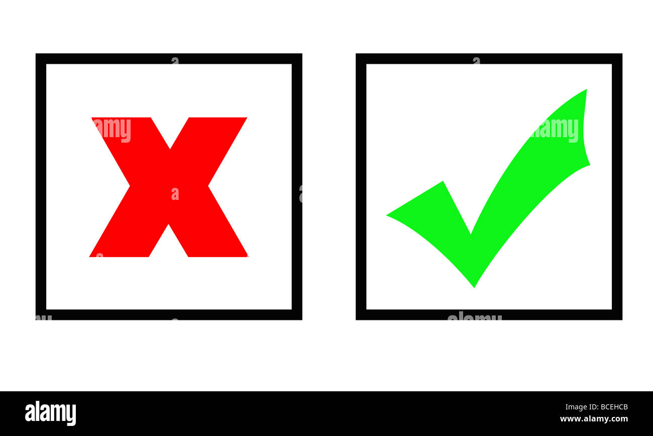 Grünes Häkchen und rotes Kreuz Marken in zwei Boxen isoliert auf weißem Hintergrund Stockfoto