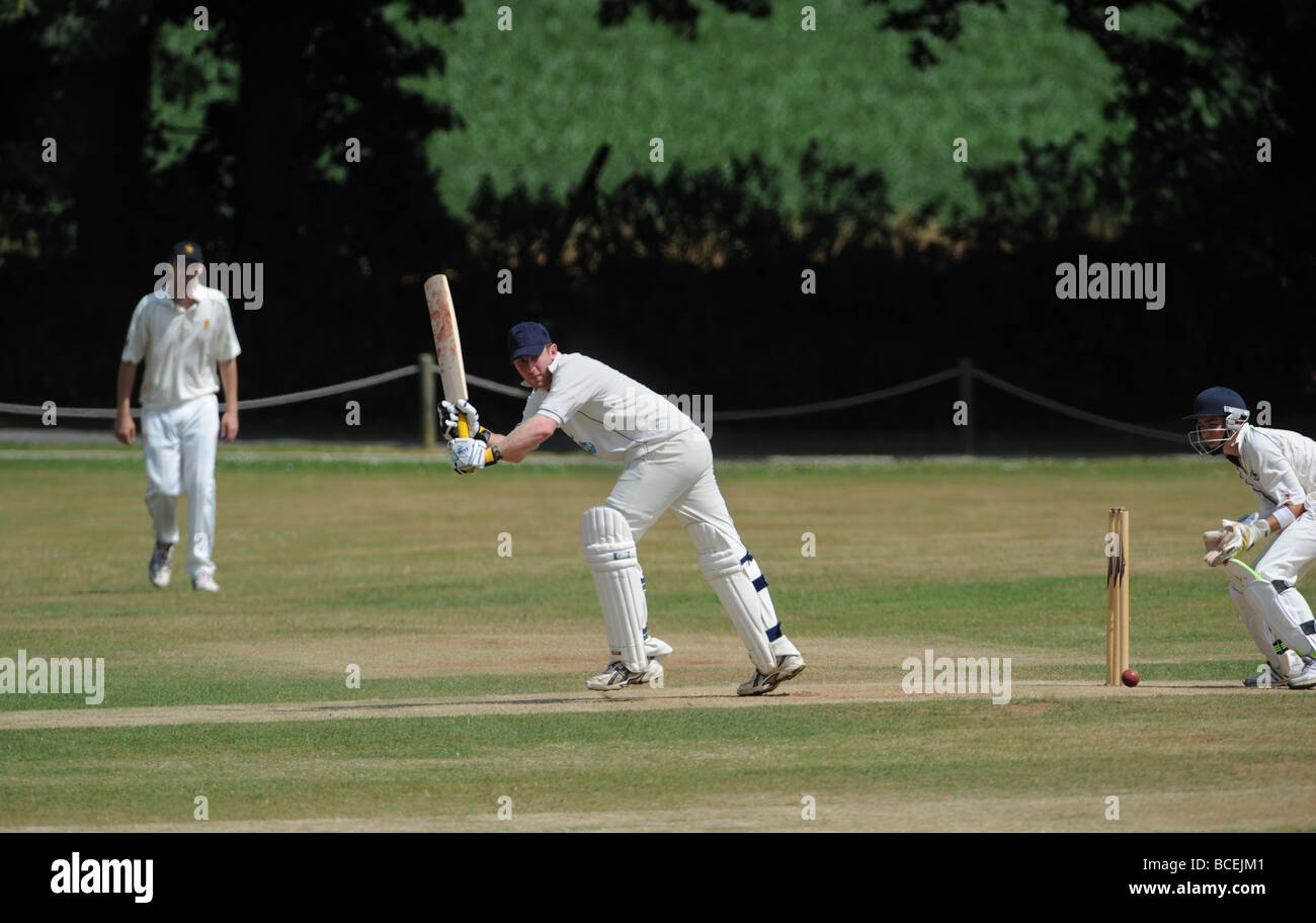Aktion in der Sussex League Cricket match zwischen Findon und Slinfold auf den langen Furlong Boden am Fuße der South Downs Stockfoto