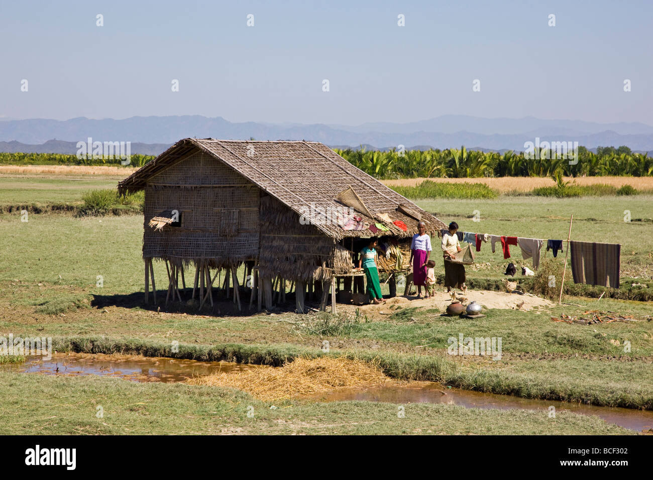 Myanmar, Burma, Rakhine-Staat Laung Shein. Eine typische Mro-Haus aus Bambus außerhalb Laung Shein Dorf. Stockfoto
