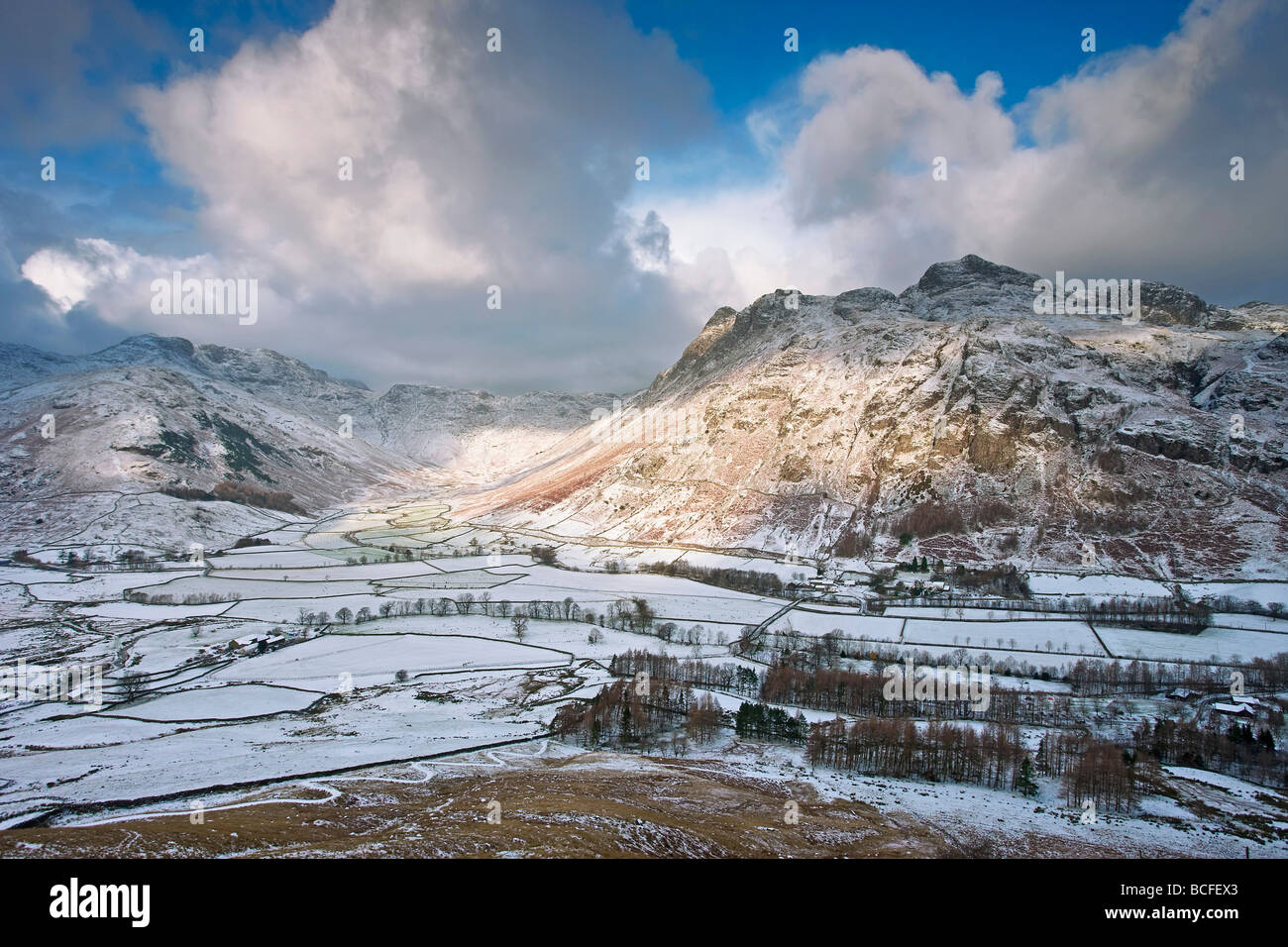 Langdale Pikes aus Seite Hecht, Lake District, Cumbria, England Stockfoto