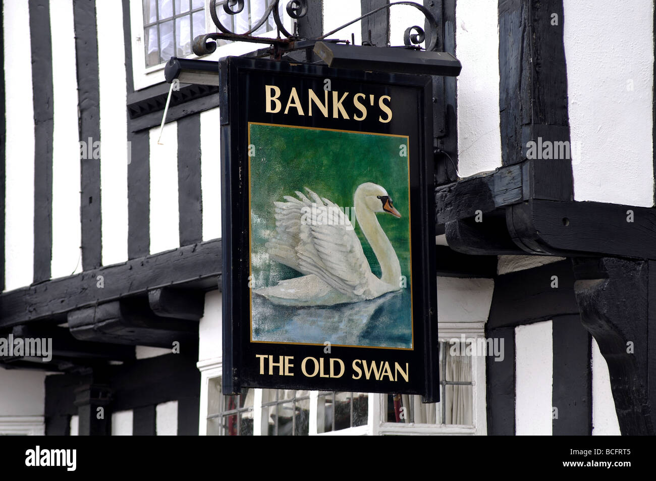 Old Swan Pub Schild, Atherstone, Warwickshire, England, UK Stockfoto