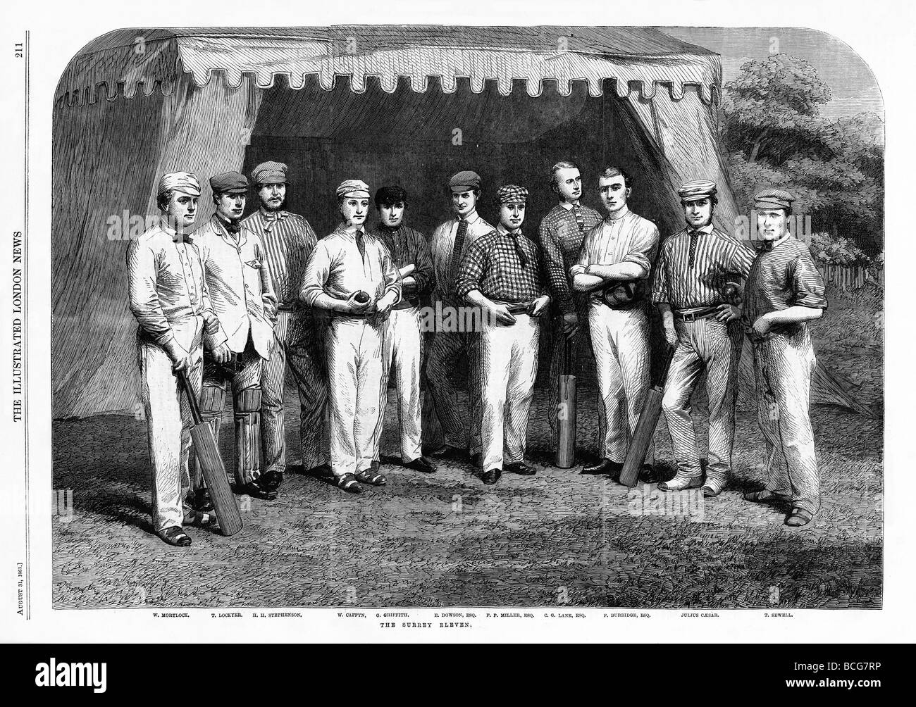 Die Surrey elf 1861 Gravur des county Cricket team mit allen England Cricketer Julius Caesar zweiter von rechts Stockfoto