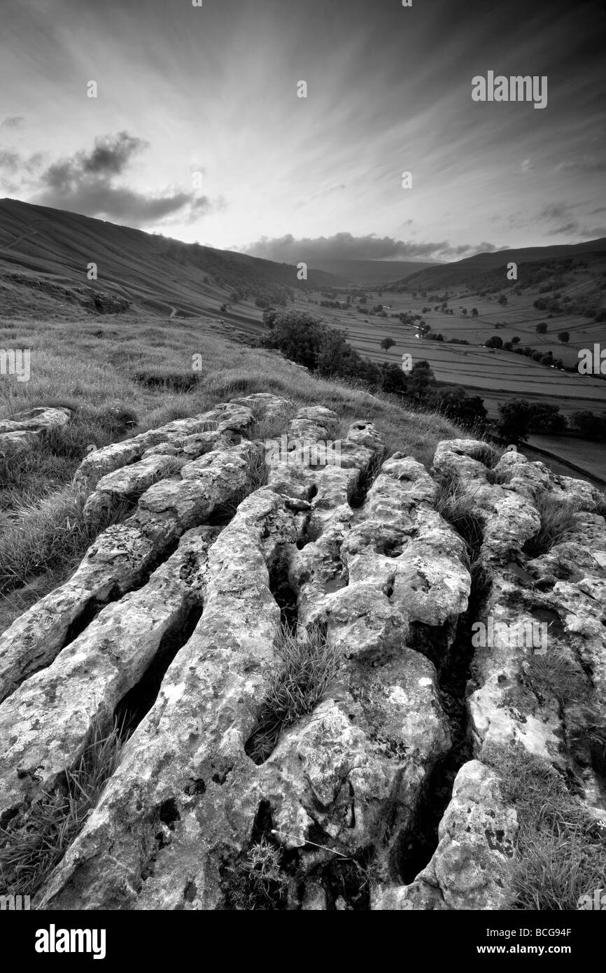 Ein Felsvorsprung Kalkstein Pflaster mit Blick entlang der u-förmigen Tal des oberen Wharfedale in den Yorkshire Dales National Park Stockfoto