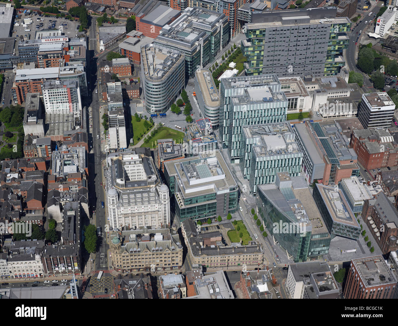 Das Stadtzentrum von Manchester aus der Luft, Juli 2009, Nordengland Stockfoto