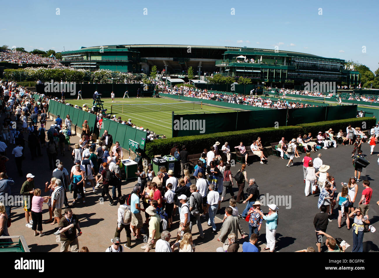 Panorama-Blick auf die Tennisplätze von Wimbledon Stockfoto