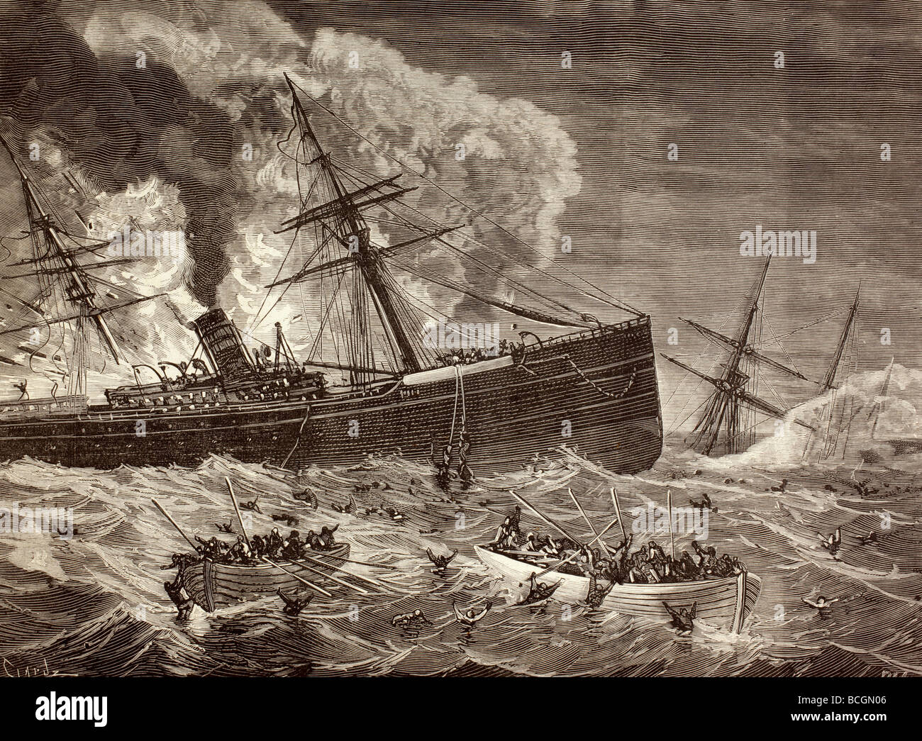 Kollision und Untergang der spanischen Dampfer Leon und englischen Dampfer Harelda vor Cabo da Roca Portugals im Januar 1881. Stockfoto