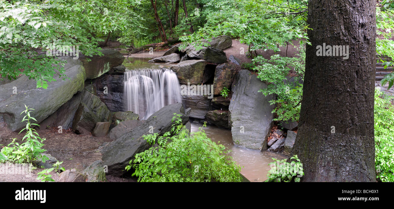 Wasserfall im Wald nördlich des Central Parks an einem regnerischen Tag im Juni Stockfoto