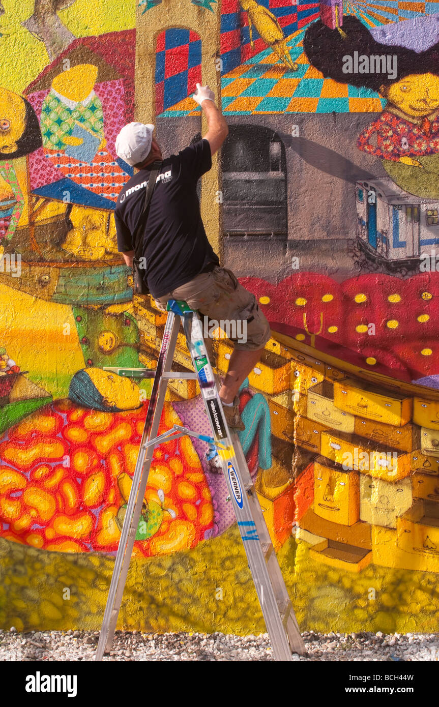 OS Gemeos rundet ein neues Wandbild an der Stelle des alten Keith Haring Wandbild, East Houston Street und der Bowery Stockfoto