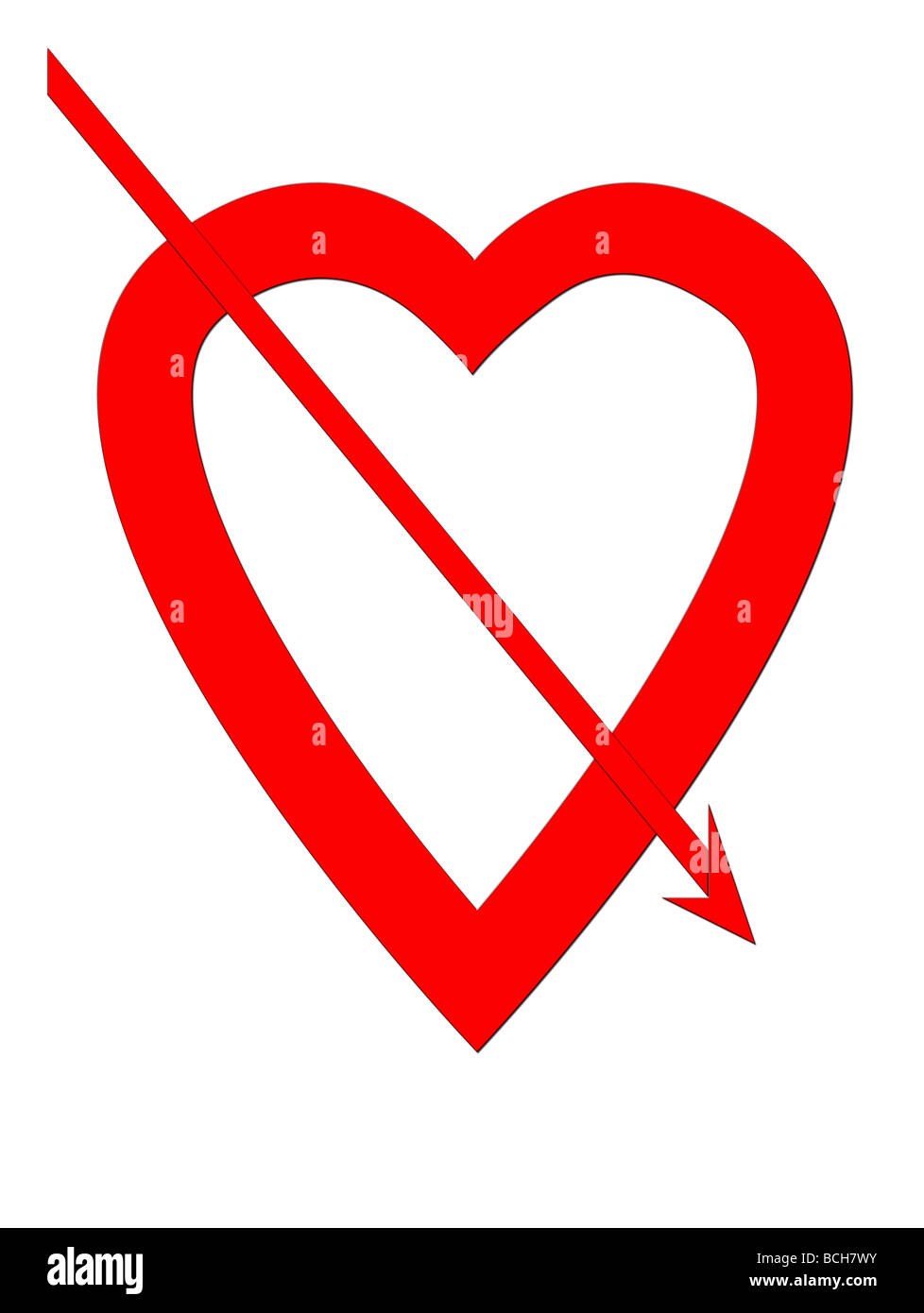 Rote Liebe hören durchbohrt mit Pfeil isoliert auf weißem Hintergrund mit Textfreiraum Stockfoto