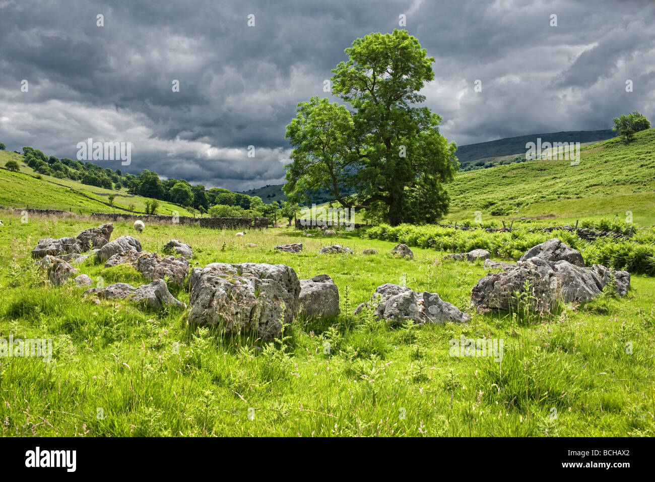 Stone Circle oder möglicherweise ein Ring Cairn in Yockenthwaite, Yorkshire Dales UK Stockfoto